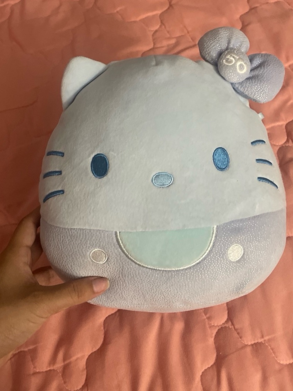 Hello Kitty Lavender Plush Face Pillow with Blue Embroidery